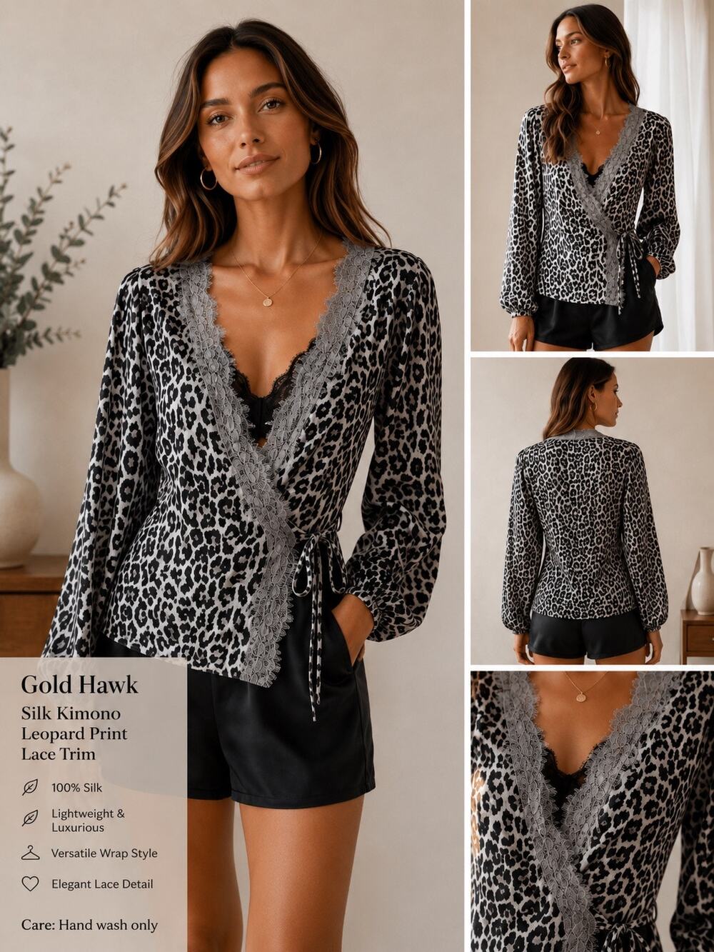 Gold Hawk Silk Kimono in Gray Animal Print / Steeple Grey
